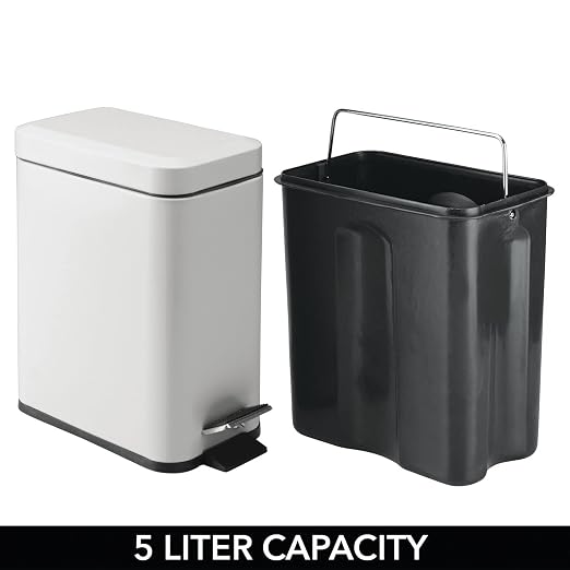 mDesign Pedal Bin — Waste Bin with Pedal, Lid and Plastic Bucket Insert Perfect for Bathroom, Kitchen, and Office — Metal Household Rubbish Bin with Ergonomic Design — Light Grey