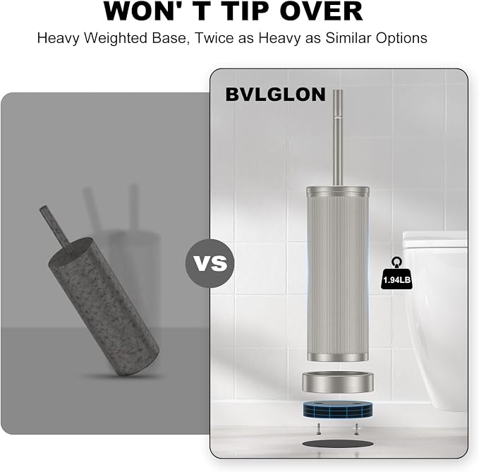 Metal Vertical Grain Toilet Bowl Brush and Holder Set Scrubber Nickel | Extra Long Handle with Splash Guard Cover, Bathroom Space-Saving, Heavy Durable Deep Cleaning, Cleaner Sets for Apartments