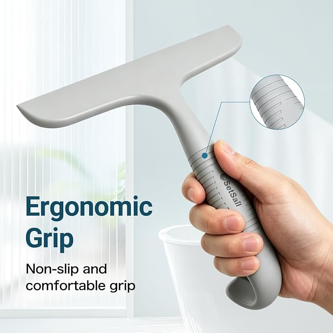 SetSail Shower Squeegee for Glass Doors,One-piece All Silicone Squeegee | Streak-Free Bathroom Squeegee for Shower Glass Window Mirror Tile Wall, Built-in Hook, Ergonomic Grip, Grey（9.5-inch）