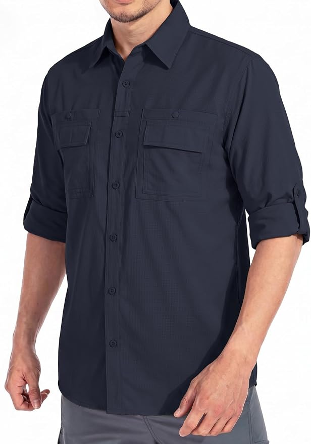 linlon Men's Safari Shirt UV Sun Protection Long Sleeve Hiking Travel | Button Down Mesh Back Vents UPF 50+ Quick Dry Breathable Cool Lightweight Outdoor Travel Fishing Gardening Clothes