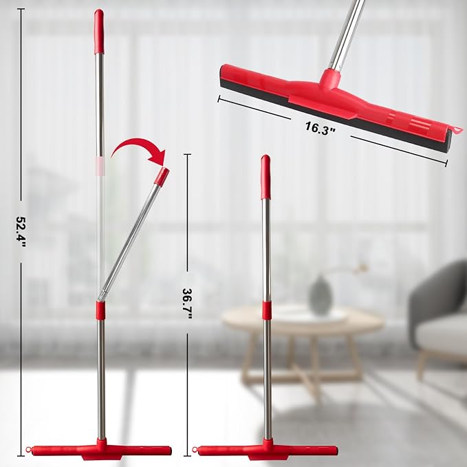 Floor Squeegee Scrubber Adjustable & Detachable Stainless Steel Handle Heavy Duty Household Broom EVA Foam Blade for Garage Courtyard Shower Bathroom Floor Marble Glass Tile Water Foam Cleaning