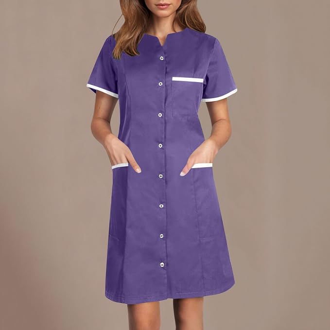 Scrubs Dress for Women - Button Front Nursing Workwear - Casual Housekeeping Dresses with Pockets