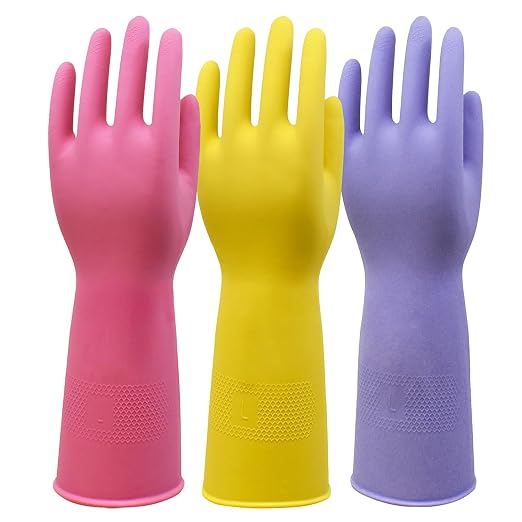 Rubber Kitchen Dishwashing, 3 Pairs, Medium, Pink/Yellow/Purple | Flexible Reusable Household Cleaning Gloves, Non-Slip Grip and Flocked Liner for Dishwashing, Kitchen Household Cleaning