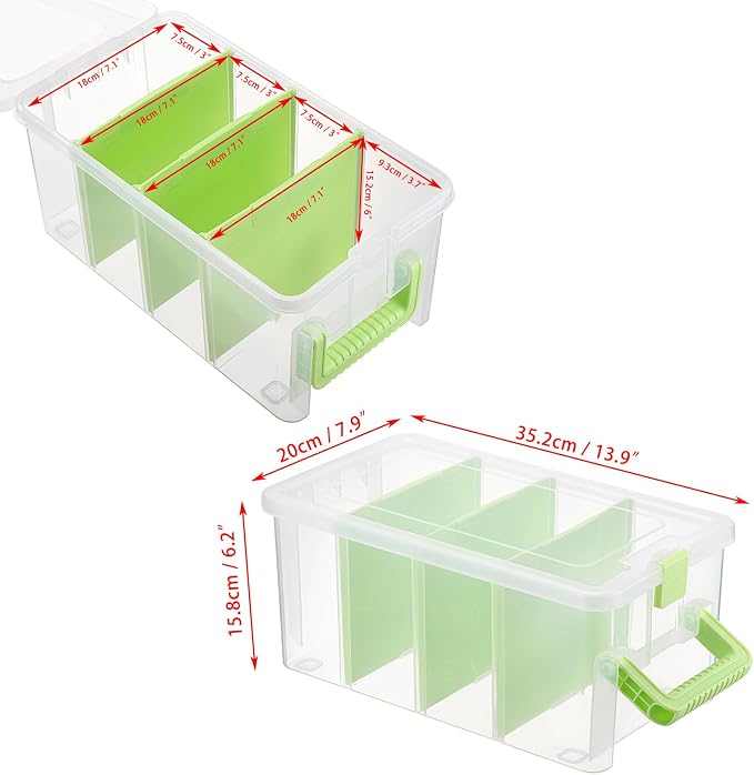 BTSKY Clear Plastic Dividing Storage Box with 4 Deep Compartment Sewing Box | 13.9x7.9x6.2 Inches Adjustable Storage Bin with Lid Portable Craft Container Multipurpose Art Supply Organizer Green