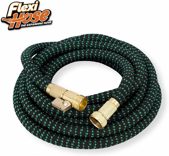 Flexi Hose with 8 Function Nozzle, 150FT - Lightweight Expandable Garden Hose, No-Kink Flexibility, 3/4 Inch Solid Brass Fittings and Double Latex Core - Black and Green