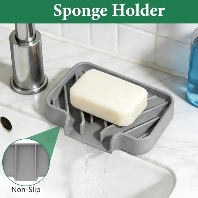 GUUKIN Sponge Holder for Kitchen Sink, 5x3.5 Inch Auto-Draining Soap Tray & Sink Organizer | Compatible with Scrub Daddy, Keep Countertops Dry, Kitchen Sink Accessories (Grey)