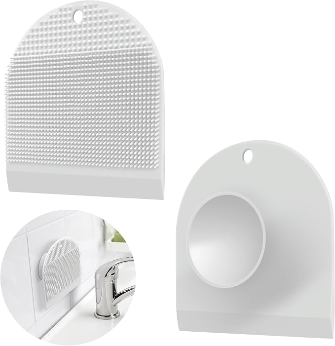 2 Pack Silicone Sink Cleaning Brush with Squeegee | Flexible Non-Scratch Dish Scrubber for Kitchen and Bathroom Sink, Countertop & Dishwashing, Suction Cup Hanging (White)