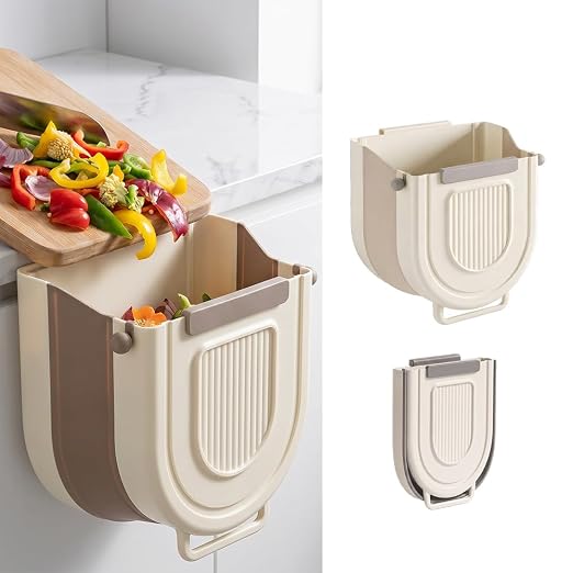 YAUNJI Multipurpose Hanging Collapsible Trash Can for Kitchen, 2026 New Hanging Collapsible Trash Can for Peels Waste & Recycling, Creative Wall Mounted Folding Waste Bin (Beige, 7, Liters)