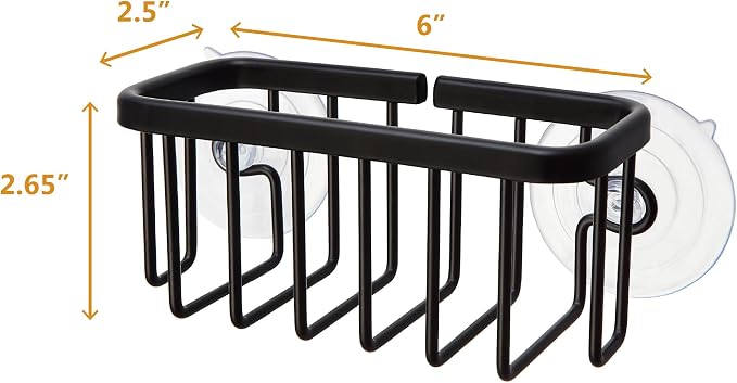 SunnyPoint NeverRust Kitchen & Bathroom Sink Caddy for Sponges, Scrubbers, Soap, 6" x 2.5" x 2.65", with Adhesive Mount - Additional Suction Cup Included –Aluminum (Black)