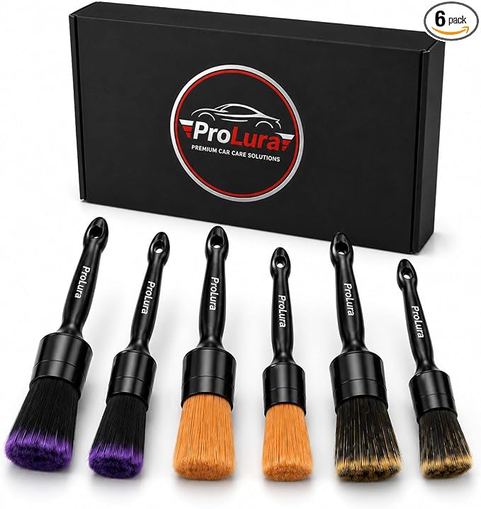 6PCS Car Detailing Brush Set - 2 Boar Hair Brushes, 2 Ultra Soft No-Scratch Brushes & 2 Medium Detail Brushes for Car Interior & Exterior Cleaning | ProLura Car Detailing kit