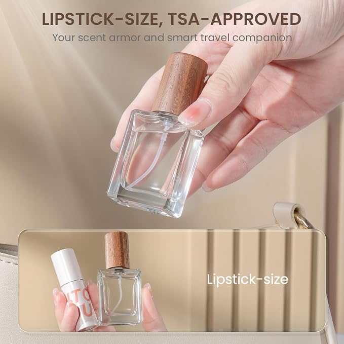 Perfume Atomizer, Refillable Spray Perfume Bottles 5pcs 0.3oz/10ml | Walnut Real Wood Lid, Classic Looking, Leak-Proof, Compact Size, Solid Bottle, Daily Touch-Up Spraying