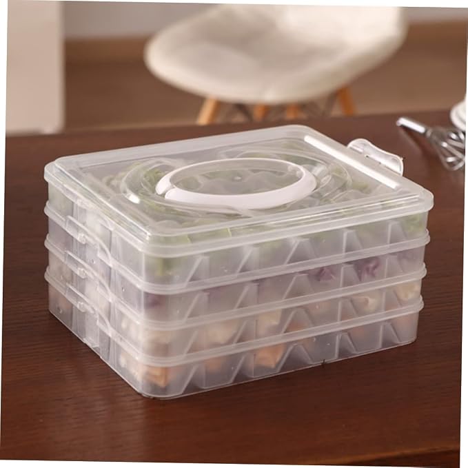 Luxshiny Dumpling Storage Box Four Layer PP Organizer with 18 Grids | Portable Handle, Food Preservation, Odor Separation, Camping and Housekeeping Use, Stackable Design, Four Trays