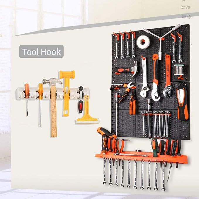 C-CHAIN Mop and Broom Holder, 5 Position with 6 Hooks Garage Storage Holds up to 11 Tools, Multipurpose Wall Mounted Tool Rack Organizer for Kitchen Garage