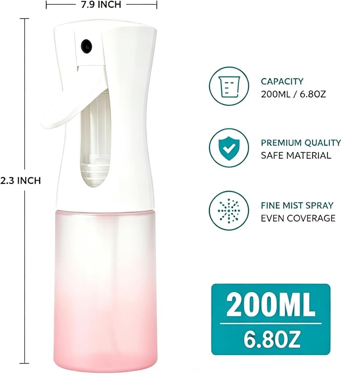 Continuous Fine Mist Spray Bottle, 200ml/6.8oz Gradient Refillable Leakproof Sprayer for Hair Curls Styling, Salon Barber, Skin Care, Pets, Plants & Household Cleaning (Pink)