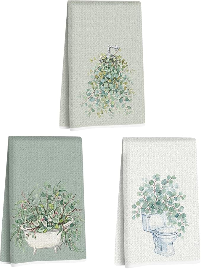 3 Pcs Eucalyptus Hand Towels 24x14 Inch, Botanical Reusable Dish Towels | Waffle Weave Hand Cloth Tea Towel for Kitchen Farmhouse Decor, Green Leaves Gifts for Women Friend