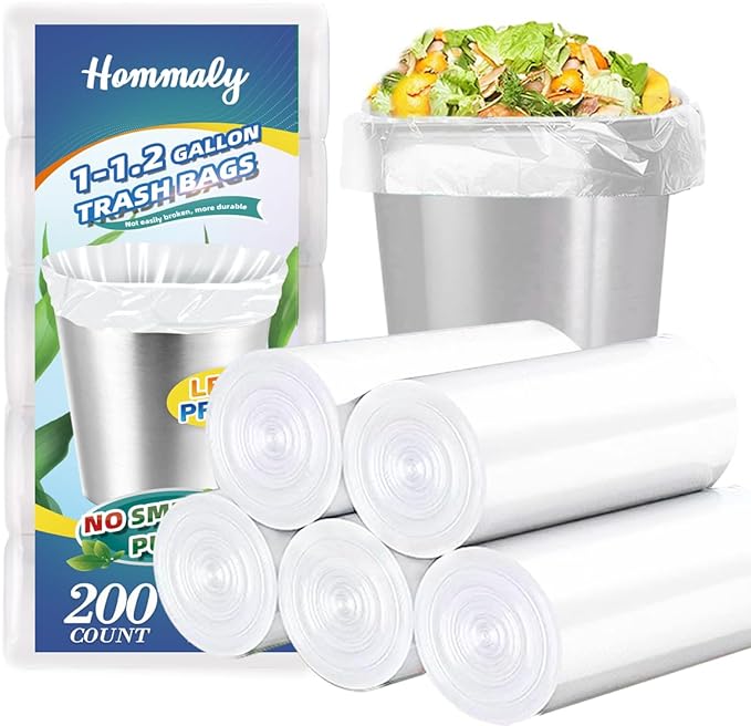 Hommaly 1 Gallon (Fit 1-1.2 Gal)200 pcs Small Clear Trash Bags, Strong 0.8Gallon,1.2 Gallon 1.3Gallon Garbage Bags,Bathroom Trash Can Bin Liners,Mini Bags for Waste Basket Liner,Fit 4.5,5 Liters