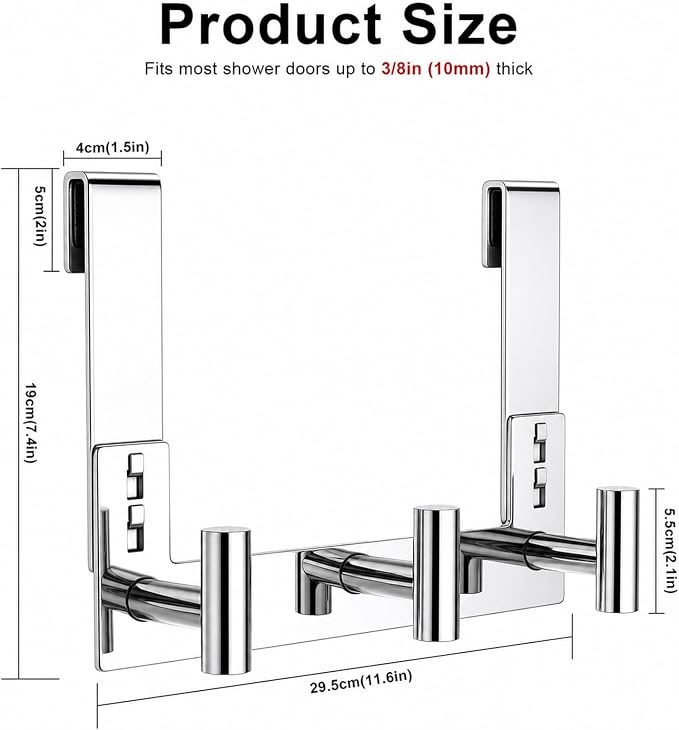 PMMASTO 3-Hook Shower Door Rack, Polished Silver, Fits 3/8-Inch Glass | Extra-Long Heavy-Duty Stainless Steel, No-Drill Design, 3 T-Shaped Hooks for Bathrobes and Towels on Frameless Shower Doors