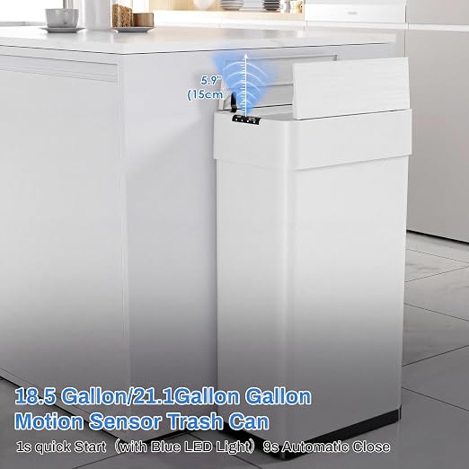 Automatic Trash Can,16 Gallon Touchless Motion Sensor Trash Bin | Smart Garbage Can with Soft-Close Lid, Bag Retainer Ring and Display Light,for Kitchen,Living Room Office (White, 60L)