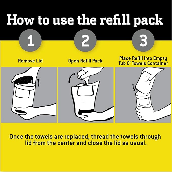 Tub O' Towels Heavy Duty, 10" x 12", Multi-Surface Cleaning Wipes, 90-Count Canister & Refill Pack, White