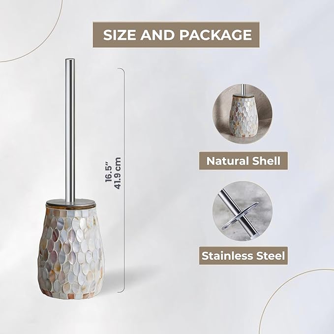 Escenzy Natural Shell Toilet Brush and Holder Set – Handcrafted Mother of Pearl Mosaic Glass Holder, 304 Rust-Resistant Stainless Steel Toilet Bowl Brush – Decorative Luxury Coastal Bathroom Accessory