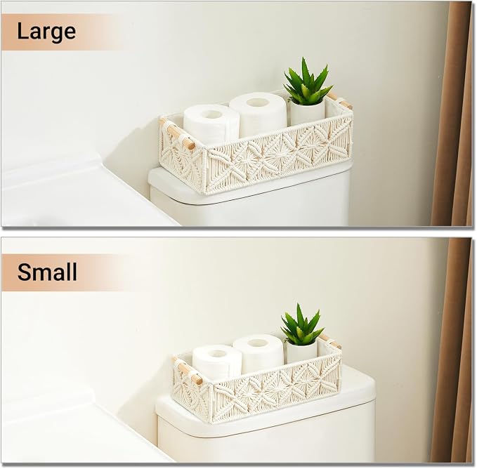 Nonam 2pc Macrame Storage Baskets, Boho Woven Boxes for Home Org, White | Handcrafted macrame storage boxes. Stylish boho decor for shelves, toilet tank & cabinets. Durable, versatile & chic.