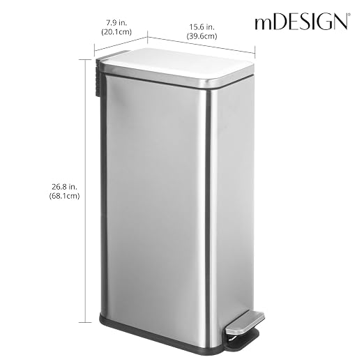 mDesign Slim Metal Rectangle 7.9 Gallon Trash Can with Step Pedal, Easy-Close Lid, Removable Liner - Narrow Wastebasket Garbage Container Bin for Bathroom, Bedroom, Kitchen, Office - Brushed Chrome