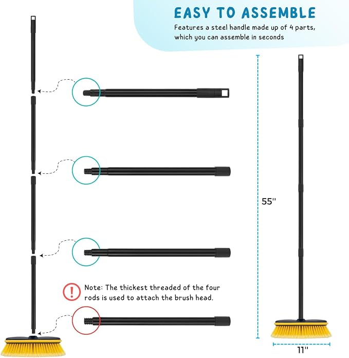 Car Wash Brush with Long Handle, 55'' Vehicles Exterior Washing Supplies, Soft Bristle Scrub Broom for Solar Panel, Boat, RV, Truck, Deck Cleaning, 2 Wax Applicator Pads Included