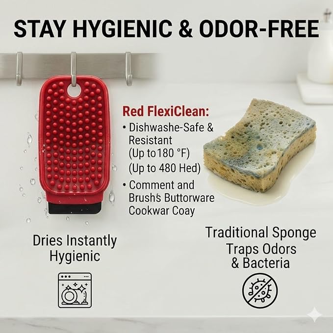 3-in-1 Silicone Dish Sponge - BPA-Free Food-Grade Cleaning Brush with Dual-Sided Scrubber & Scraper, Hanging Hole Fast-Dry Reusable for Dishes/Fruits/Vegetables (Red 1PCS) | silicone dish scrubber and vegetable&fruit brush with built-in scraper. Food-g...