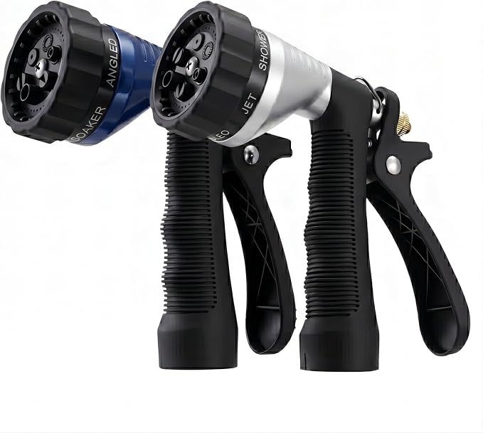 Water Hose Nozzle 2-Pack, Zinc Alloy Garden Spray Nozzle with Adjustable Spray Patterns, Leakproof Rustproof Trigger Lock for Outdoor Cleaning & Car Wash, Silver& Blue