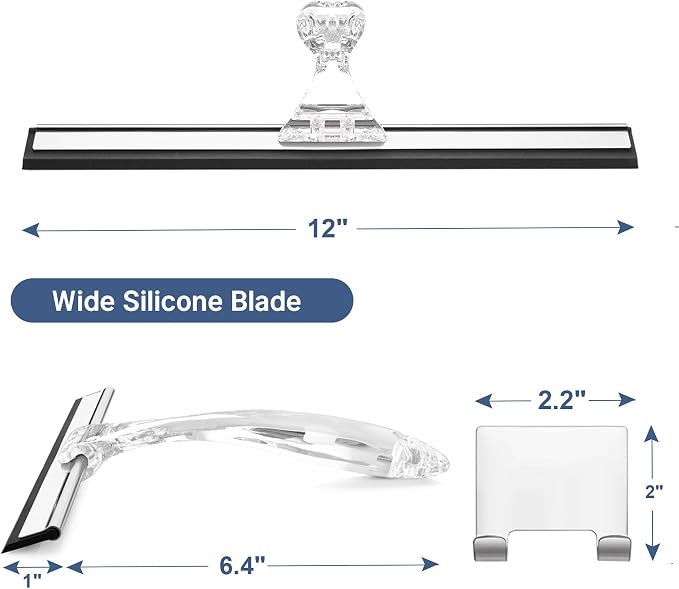 AmazerBath Squeegee for Shower Glass Door, Shower Squeegee for Glass Doors - All-Purpose Squeegee with Hook for Shower Doors, Windows, Mirrors, Tiles and Car Glass, 12 Inches - Clear (Pack of 2)