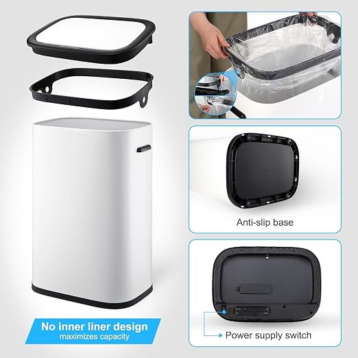 TrailBlaze Motion Sensor Trash Can, 14.5 Gal / 55 L Automatic Garbage Can with Soft-Close Lid and Handle, Touchless Rectangle Waste Basket for Kitchen, Bathroom, Bedroom, White(Without Inner Bucket)