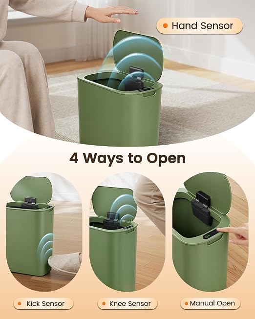 TIPGO 5 Gallon Automatic Bathroom Trash Can with Lid, Green, Touchless | Motion Sensor, Slim Smart Garbage Bin, Plastic Wastebasket, Battery Operated, Manual Button, for Bedroom, Office,RV