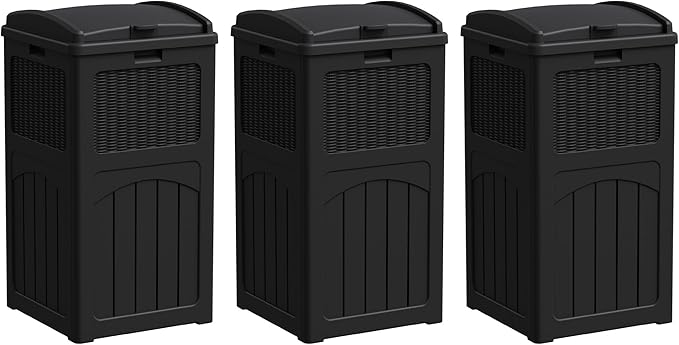 Greesum 33 Gallon Outdoor Trash Can with Lid, 3 Pack, Black | Waterproof Resin Garbage Bin for Hideaway, Deck, Patio