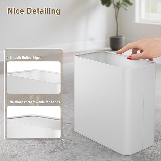 Small Bathroom Trash Can 2.4 Gallon Wastebasket Slim Metal Garbage Can Stainless Steel Trash Bin for Bedroom,Office,Kitchen,Toilet, rv, Near Desk, Under Sink (White)