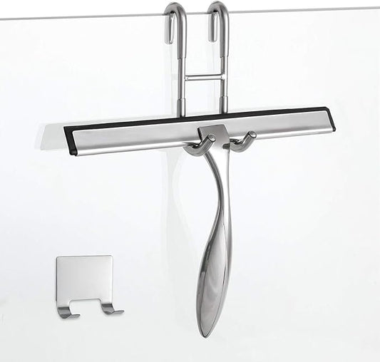 10-Inch Shower Squeegee Set, Includes Shower Door Hook and Adhesive Hook, Squeegee for Shower Doors, Mirror and Window, Silver