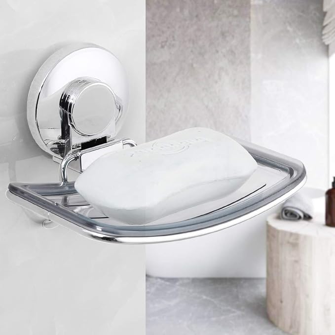 LEVERLOC Chrome Suction Cup Soap Dish Holder for Shower Wall Drill-Free Rustproof Waterproof Wall Mount Strong Suction Removable Bar Soap Sponge Holder for Bathroom Bathtub Kitchen
