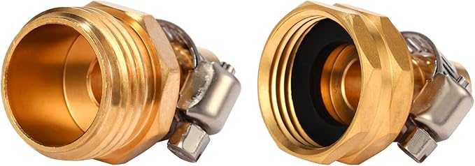 Brass Garden Hose Connector Repair Mender Kit, Fits 1/2" Water Hose Fitting | 2 Set, 1/2" Barb x 3/4" GHT, with Stainless Clamp