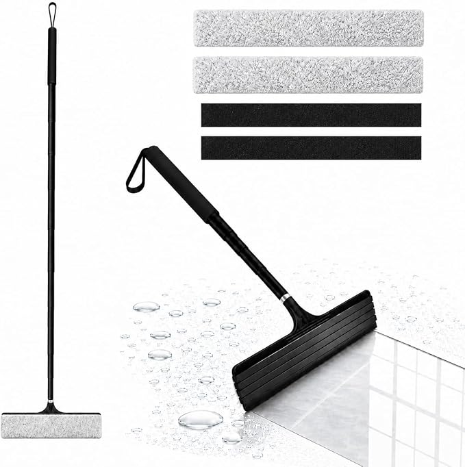2 in 1 Window Squeegee with Adjustable Telescopic Pole, Shower Glass Squeegee for Indoor Outdoor Windows, Glass Doors, Shower Stalls, Car Windshield, Bathroom Tiles and Hard Floors