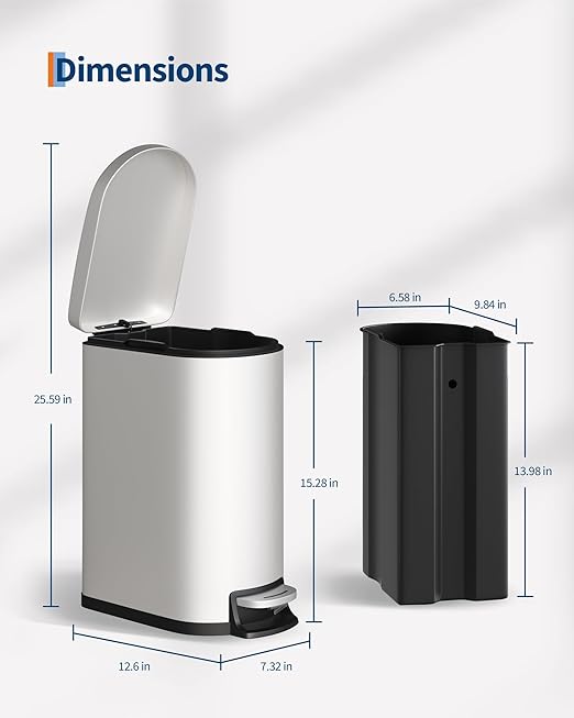 Garvee 2.6 gal / 10 L Metal Bathroom Trash Can with Lid, Slim Waterproof Garbage Can for Bedroom, Small Step-on Trash Bin with Inner Bucket, Rear Handle, Soft Close Lid, White