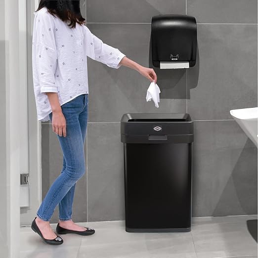 Clorox Slim Open Top Stainless Steel Trash Can, Matte Black, 13 Gal / 50L | Narrrow Rectangular Garbage Bin with Hinged Rim Protection for Commercial Spaces, Kitchen, and Office Use
