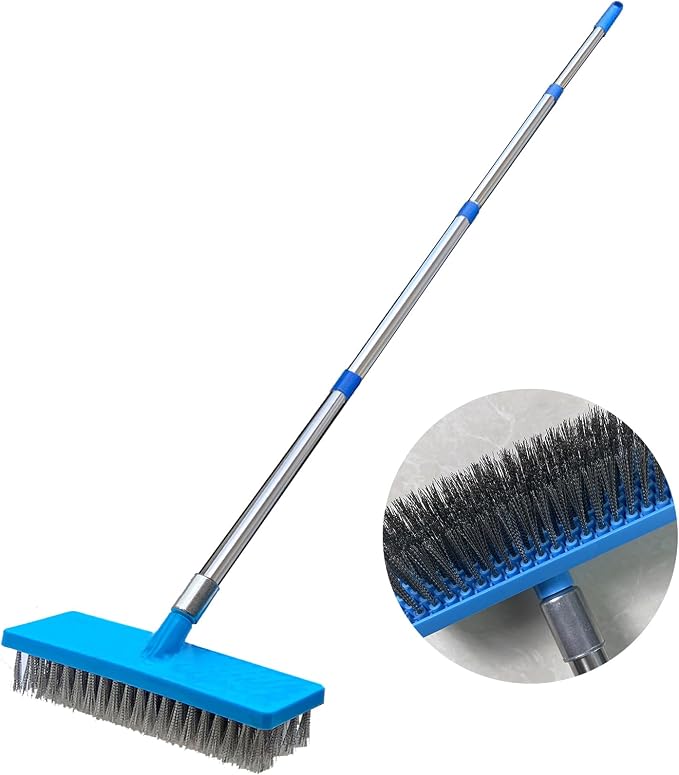 65" Long Handle Pool Brush - Heavy Duty Stainless Steel Wire Bristle Scrubber for Concrete Floor, Patio, Swimming Pool - 45° Angled Head, Long Handle Deck Broom