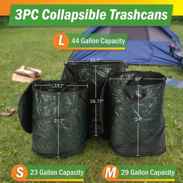 Wakeman Outdoors Collapsible Trash Can, 44-Gal, 29.5-Gal, 23.1-Gal, 3-Pack | Outdoor Portable Pop Up Trash Cans for Parties, Laundry Hamper, Collapsible Yard Waste Bag Leaf Bin - Camping Essentials