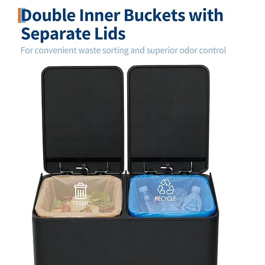 Dual Compartment Trash Can 40L (2x20L), Stainless Steel Recycling Bin with Removable Buckets, Soft Close Odor-Sealing Lid, Collapsible Pedal, Fingerprint Resistant for Home Kitchen or Office