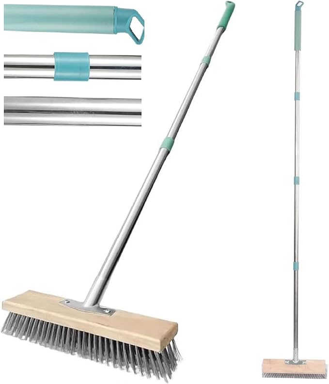 GINGER TECH Wire Broom Head, Garden Stiff Metal Bristle Deck Scrub Brush, Garden Weed Moss Remover Tool Broom for Heavy Duty Weed Moss & Algae on Shower Wall Garage Yard Patio (With 53inc Handle)