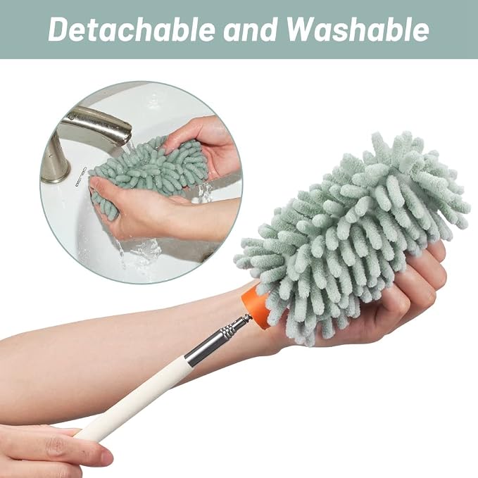 Green Retractable Microfiber Duster for Cleaning Extendable Washable Hand Duster Feather Duster Cleaning Tool for Cleaning Office, Car, Window, Computer, Air Condition