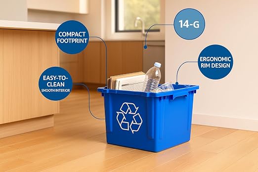2 Pack 14 Gallon Rectangular Curbside Recycling Bin – Durable Indoor/Outdoor Container with Ergonomic Handles, Stackable Design and Weather-Resistant Plastic for Home, Office and Commercial Use