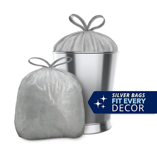 Color Scents Small Trash Bags - 4 Gallon, 200 Bags (2 Pack of 200 Count), Drawstring - Silver Bag in Simply Clean Scent with Microban