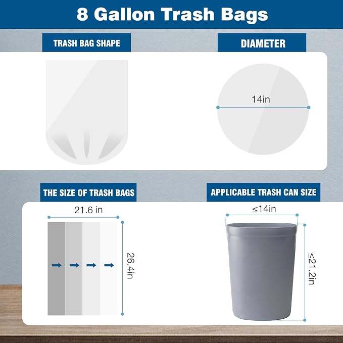 Charmount 8 Gallon Trash Bags, 50 Count Medium Garbage Bags | Trash Can Liners for Bathroom Kitchen Office, Clear, Unscented