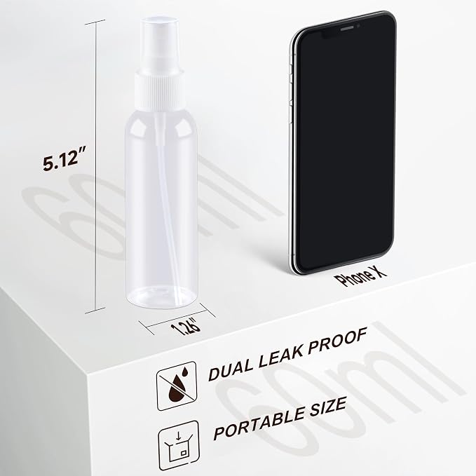 2 Pack Small Spray Bottle, 2OZ Travel Spray Bottle (Clear) | Fine Mist Plastic Spray Bottle, Refillable & Leak Proof Sprayer for Hair, Face Toner, Cleaning, Plants with Labels
