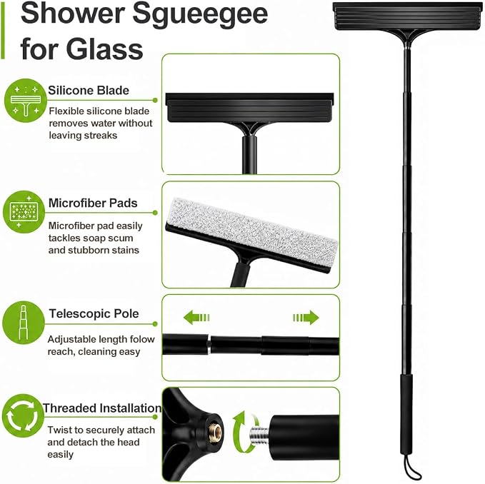 2 in 1 Window Squeegee with Adjustable Telescopic Pole, Shower Glass Squeegee for Indoor Outdoor Windows, Glass Doors, Shower Stalls, Car Windshield, Bathroom Tiles and Hard Floors
